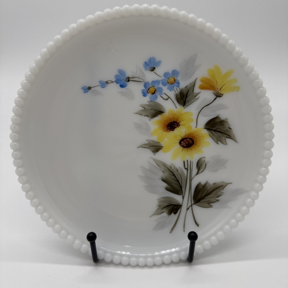 Vintage Westmoreland Beaded Edge White Milk Glass Yellow & Blue Flowers Plate